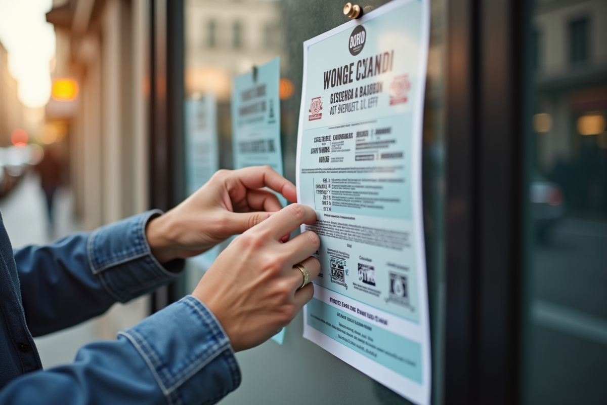 Mains pinçant une affiche d