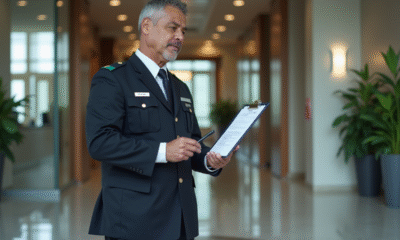 Agent de securite en uniforme dans un hall moderne