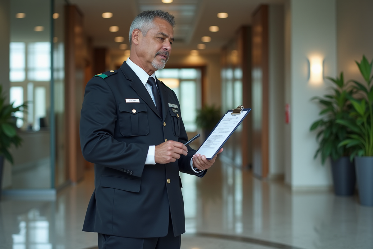 Agent de securite en uniforme dans un hall moderne