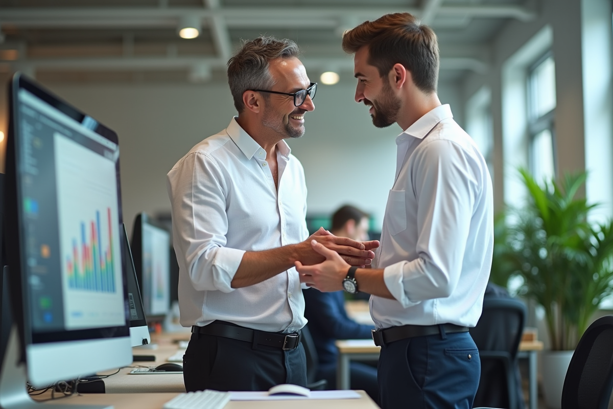 Auditeur en chemise blanche discute avec un collègue au bureau