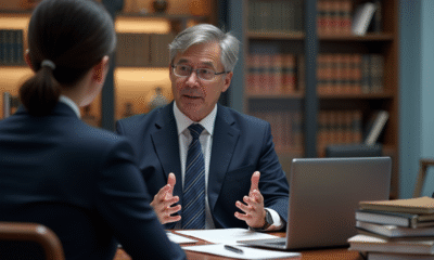 Avocat en costume navy discutant avec une cliente dans un bureau moderne