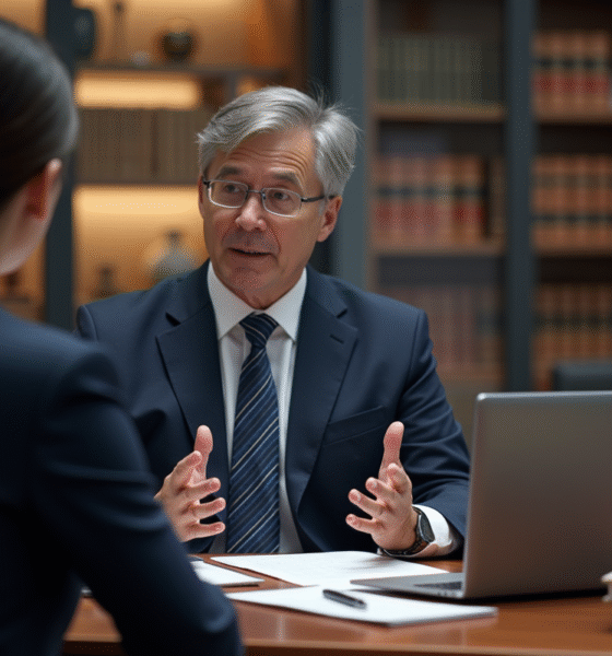 Avocat en costume navy discutant avec une cliente dans un bureau moderne