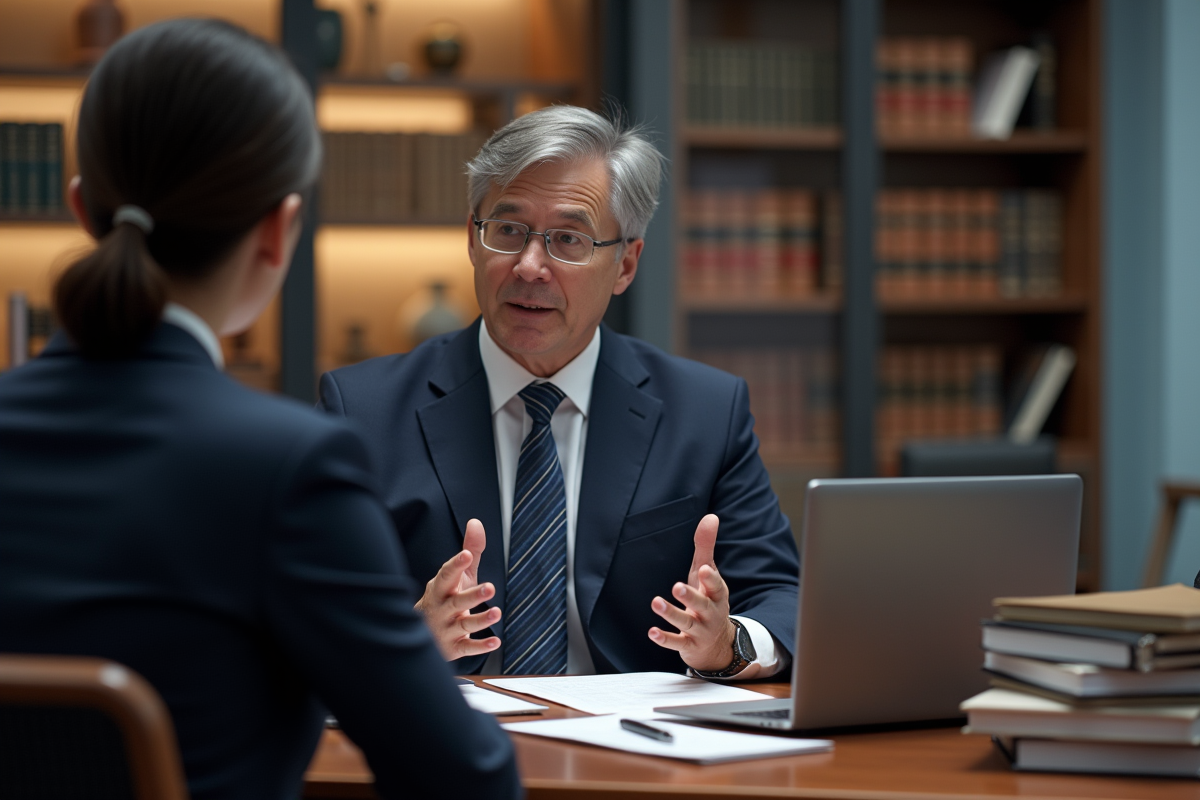Avocat en costume navy discutant avec une cliente dans un bureau moderne