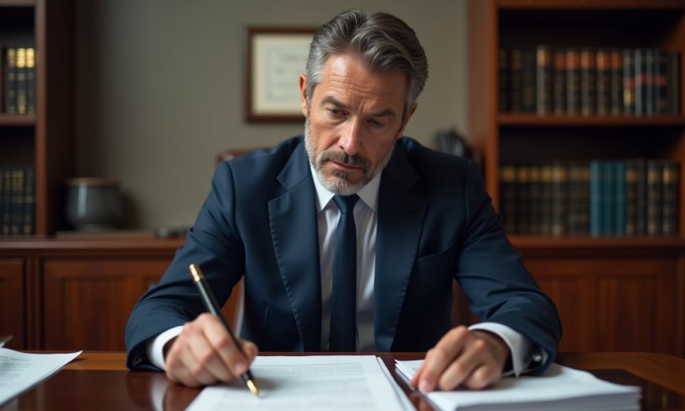 Avocat en costume bleu dans un bureau professionnel