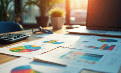 Espace de travail d'un graphiste avec flyers colorés et ordinateur