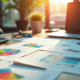 Espace de travail d'un graphiste avec flyers colorés et ordinateur