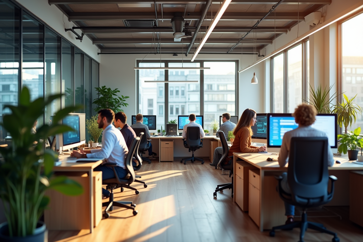 Espace de travail collaboratif chez Micollab avec employés en réunion