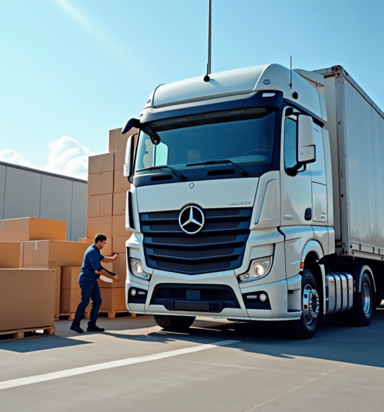 Camion de 10 tonnes chargé dans un centre logistique urbain