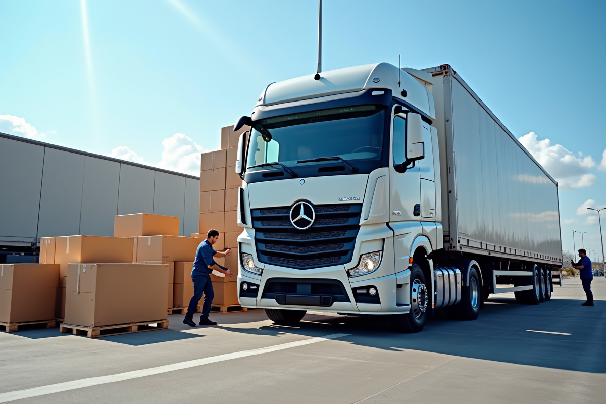Camion de 10 tonnes chargé dans un centre logistique urbain