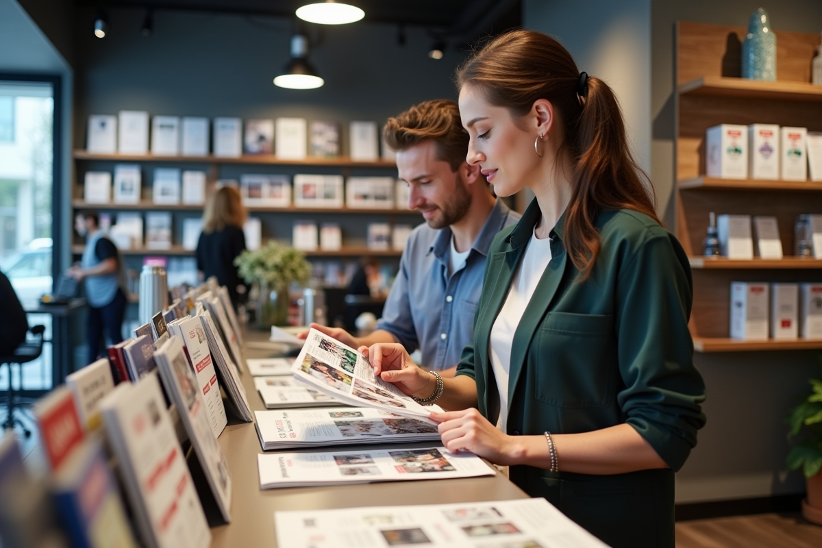 Deux personnes comparant des flyers dans une imprimerie moderne