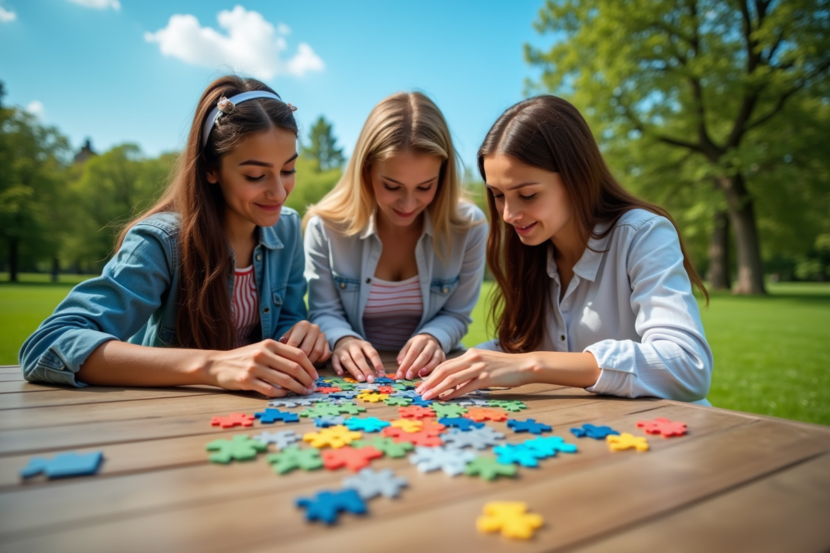 Trois personnes assemblant un puzzle dans un parc ensoleille