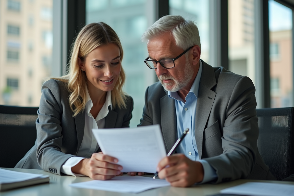 Conseillère juridique expliquant un document à un client dans un espace de coworking