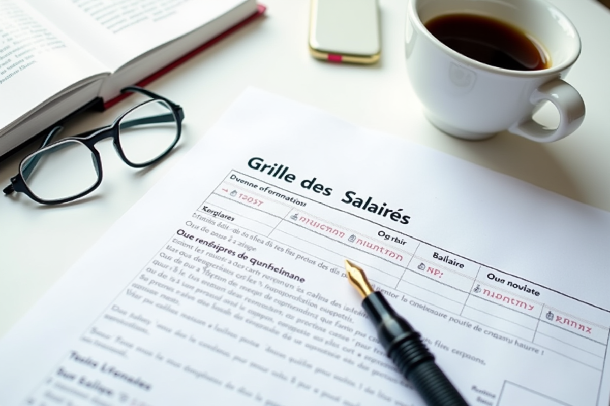 Document ouvert grille des salaires sur bureau blanc