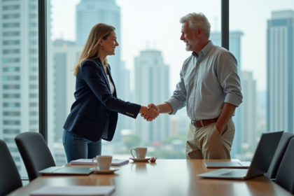 Femme et homme souriants lors d'une réunion professionnelle