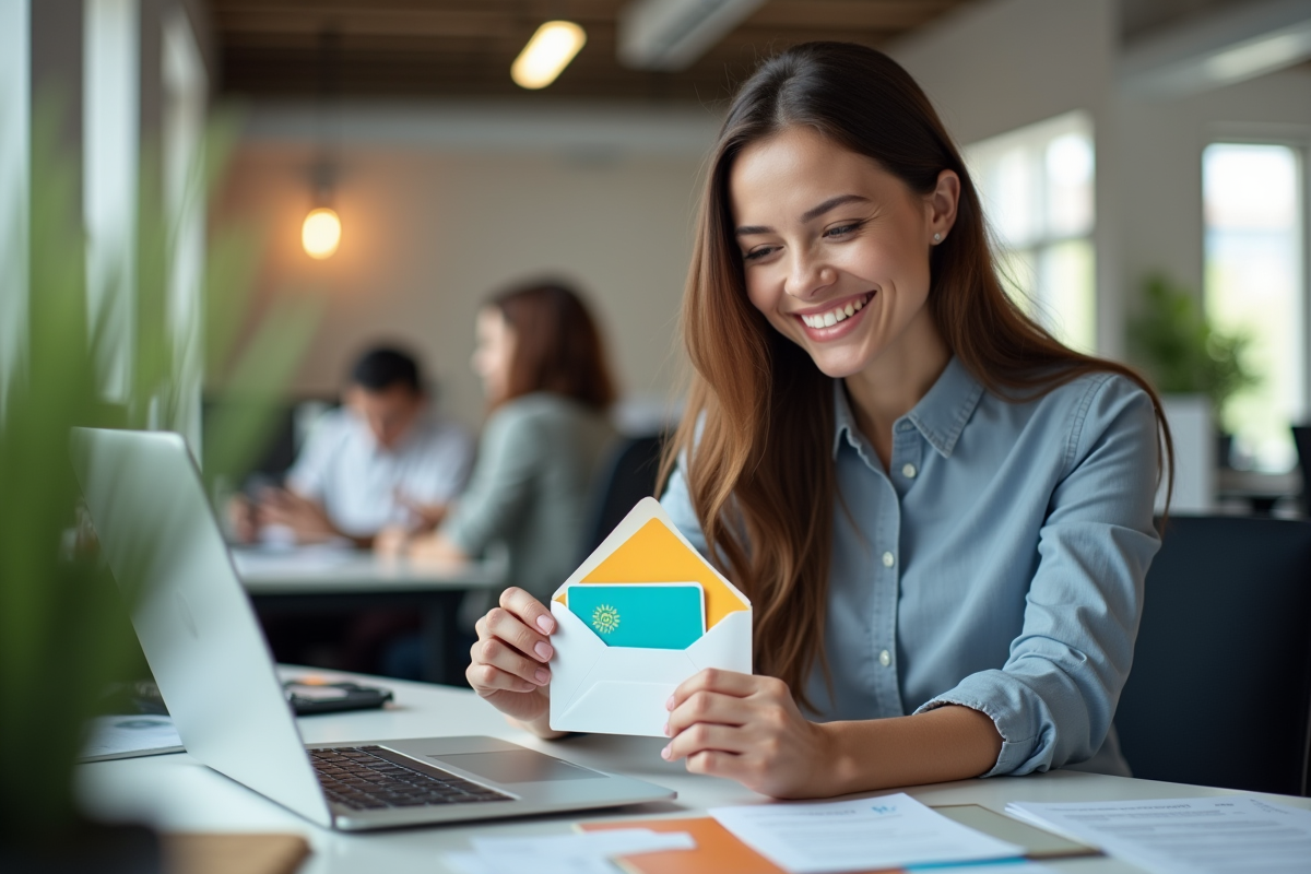 Employé ouvrant une enveloppe avec un bon cadeau dans un bureau
