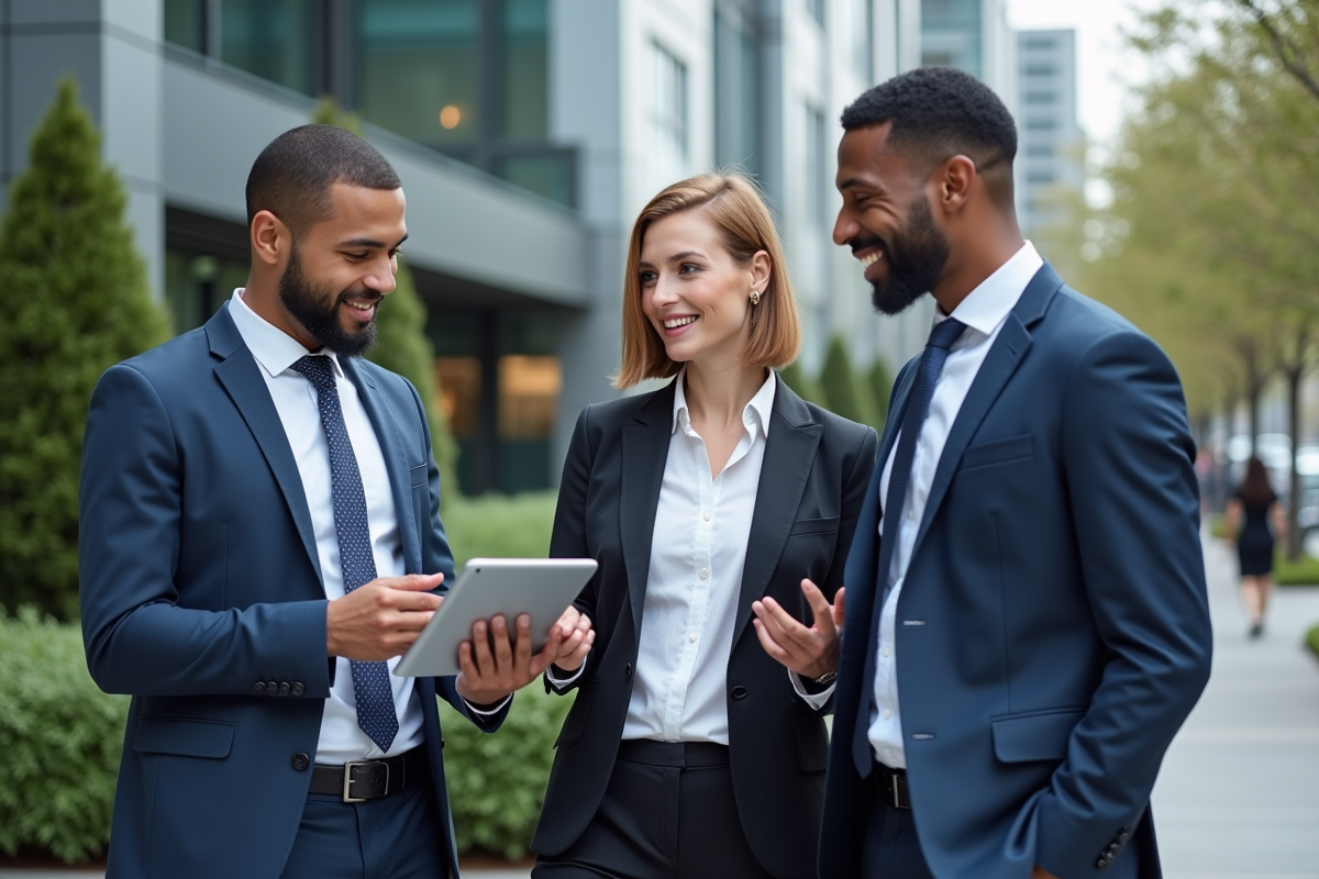 Equipe diversifiee discutant devant un immeuble moderne