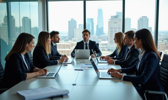 Groupe de professionnels analysant des graphiques et rapports ESG