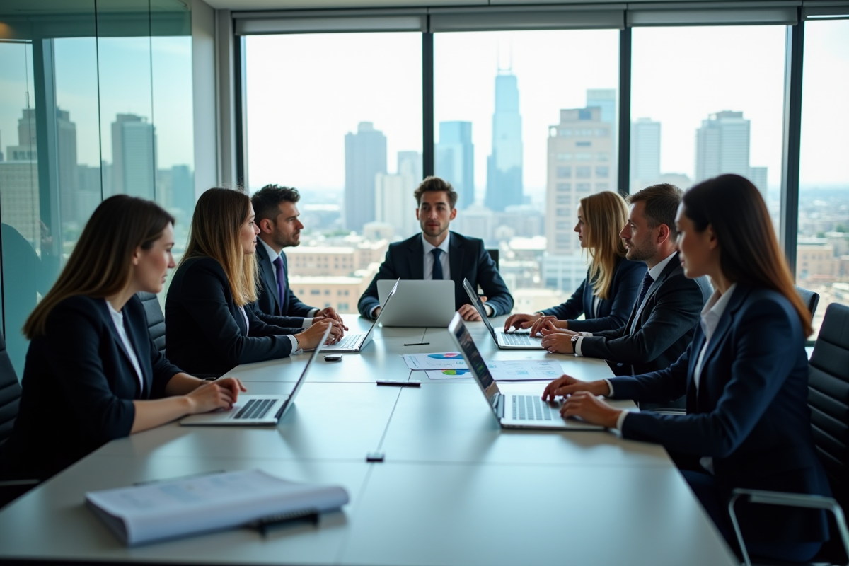 Groupe de professionnels analysant des graphiques et rapports ESG