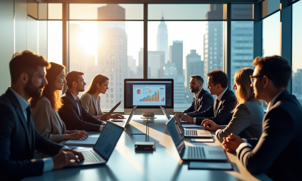 Groupe de professionnels en réunion dans un bureau lumineux