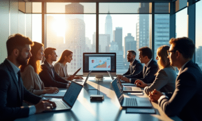 Groupe de professionnels en réunion dans un bureau lumineux
