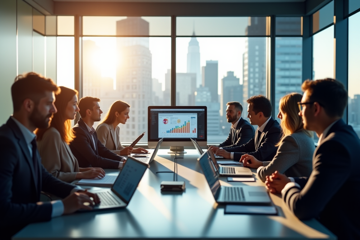 Groupe de professionnels en réunion dans un bureau lumineux
