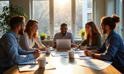 Groupe de professionnels collaborant dans un bureau lumineux