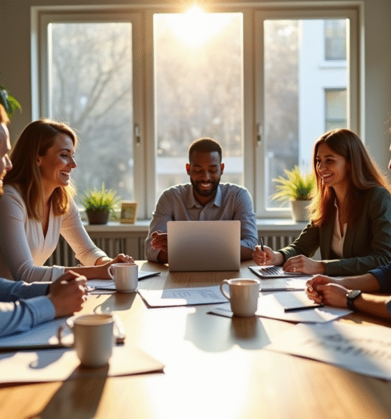 Groupe de professionnels collaborant dans un bureau lumineux