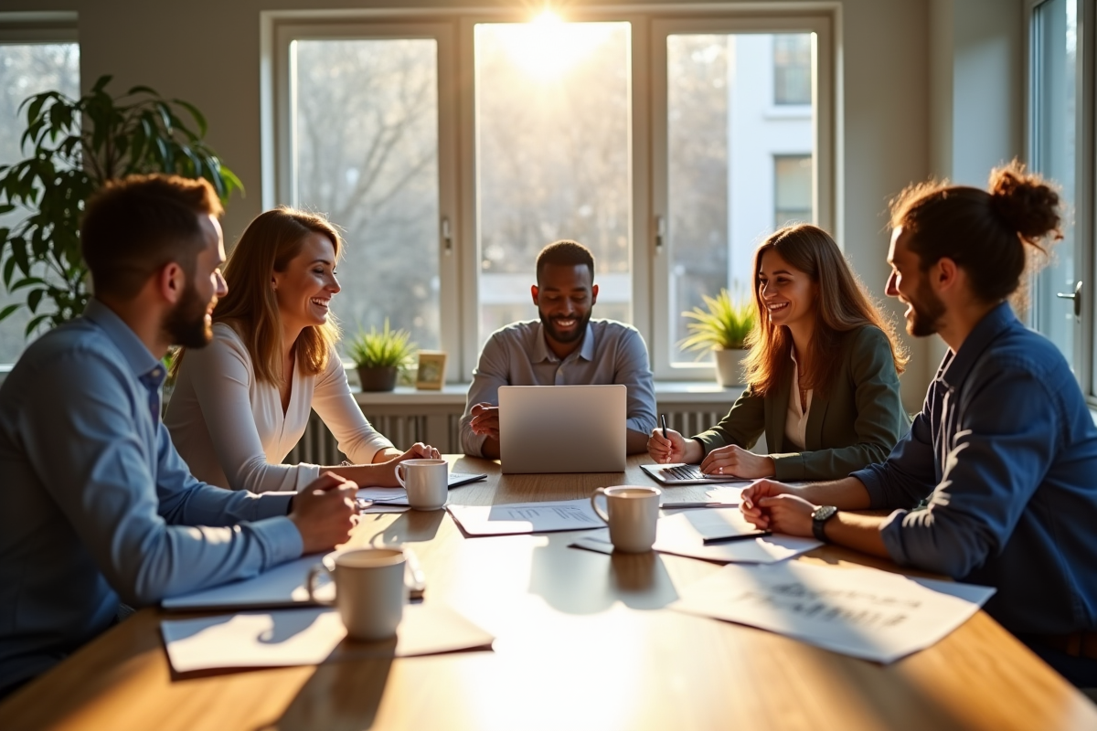 Groupe de professionnels collaborant dans un bureau lumineux