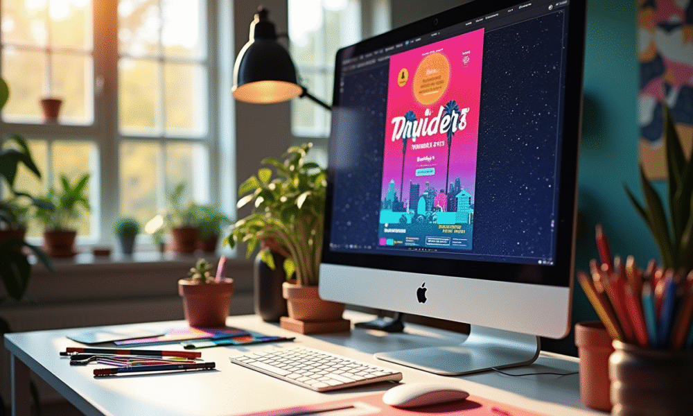 Espace de travail créatif d'un designer avec écran et fournitures