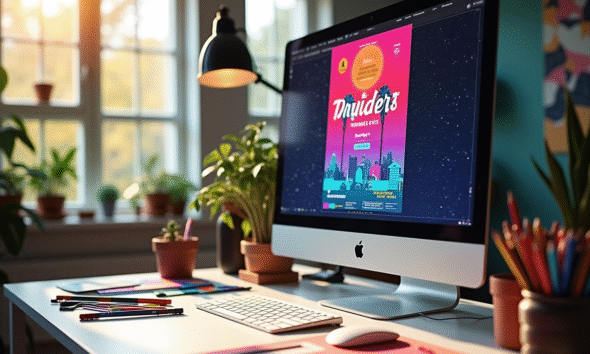 Espace de travail créatif d'un designer avec écran et fournitures