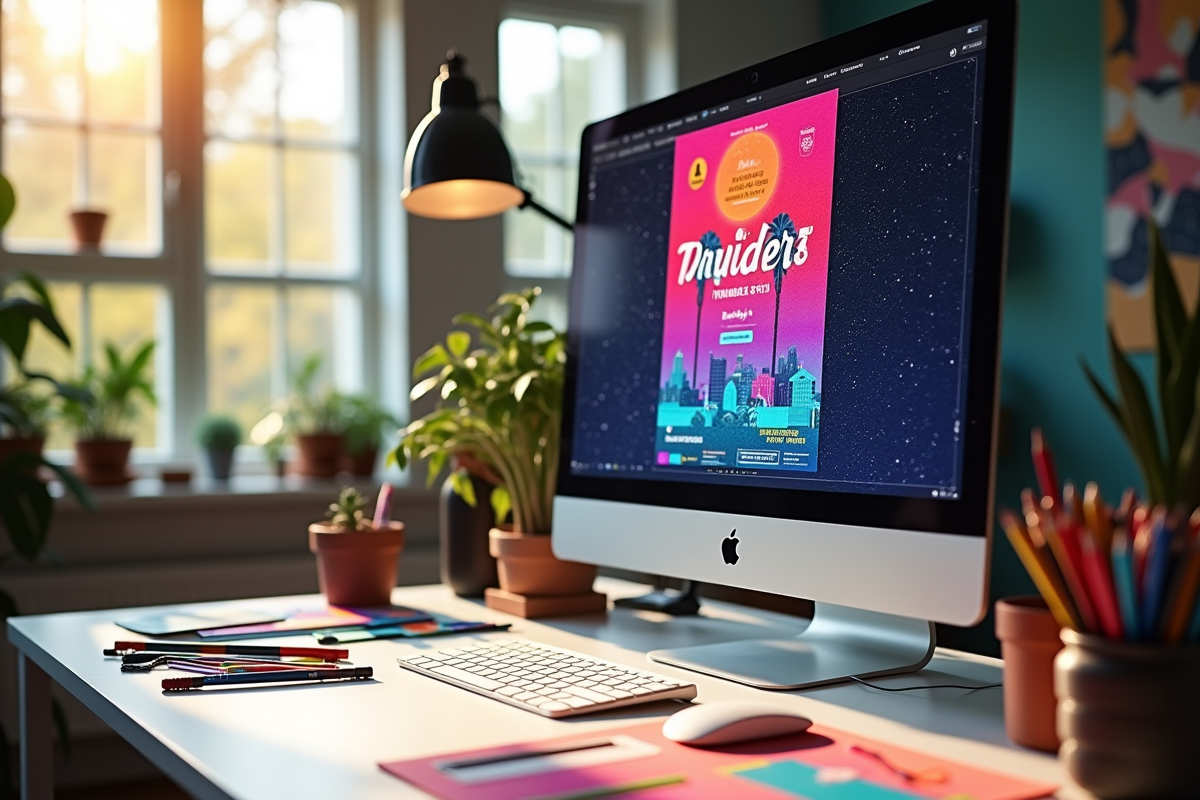 Espace de travail créatif d'un designer avec écran et fournitures