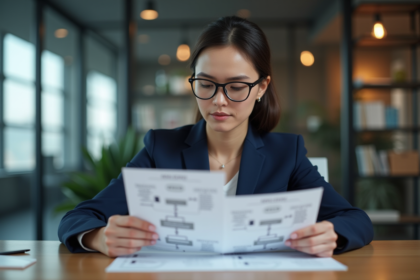 Femme d affaires en réunion analysant des fluxcharts