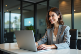 Femme d'affaires assise au bureau en train de consulter ses coûts publicitaires