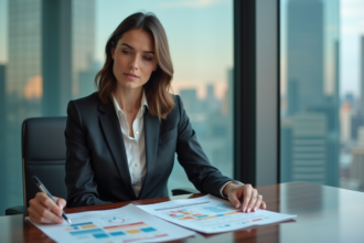 Femme d'affaires confiante en réunion avec graphiques