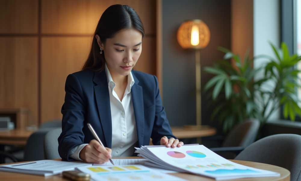 Femme d'affaires confiante en costume navy lors d'une réunion