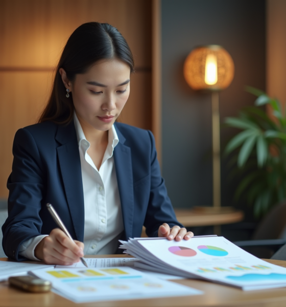 Femme d'affaires confiante en costume navy lors d'une réunion
