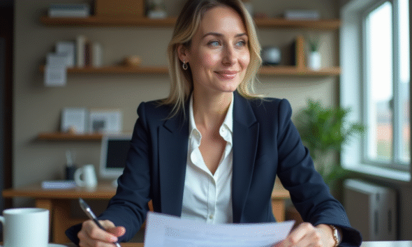 Femme d affaires en bureau moderne examine des documents