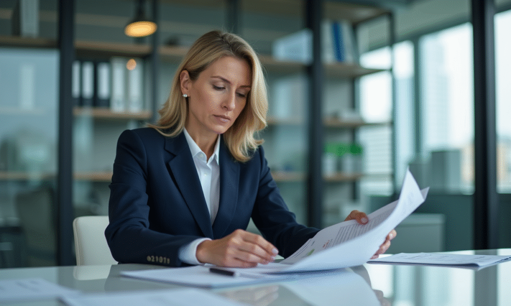Femme d'affaires en costume bleu examine des documents financiers