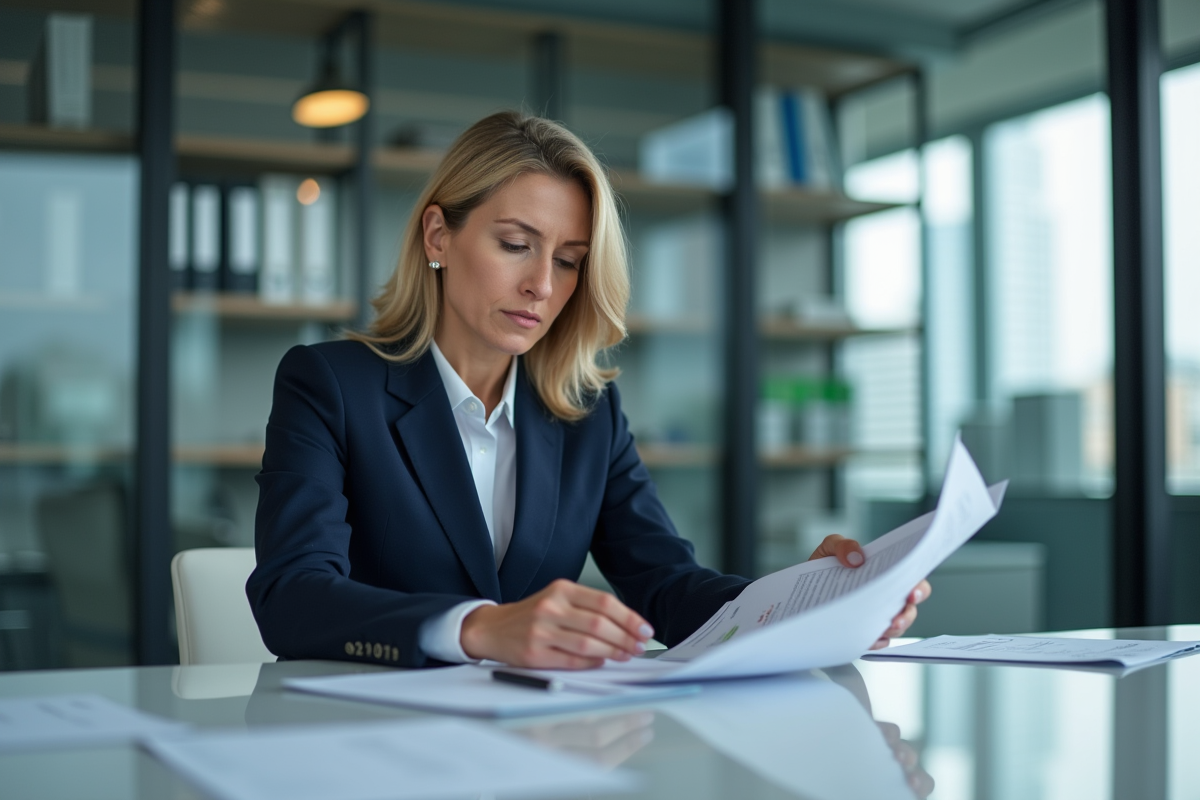 Femme d'affaires en costume bleu examine des documents financiers