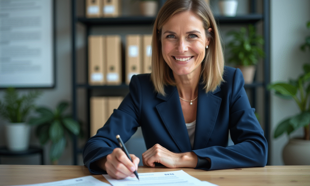 Femme d'affaires signant un contrat de donation dans un bureau moderne