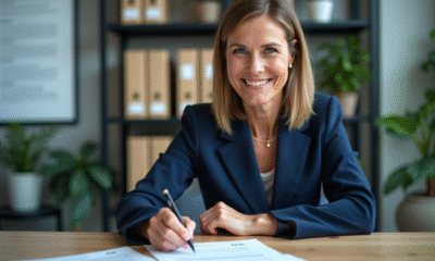 Femme d'affaires signant un contrat de donation dans un bureau moderne