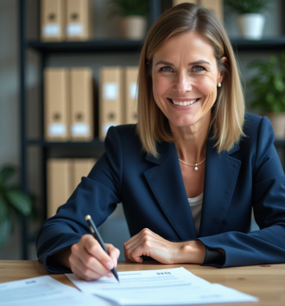 Femme d'affaires signant un contrat de donation dans un bureau moderne