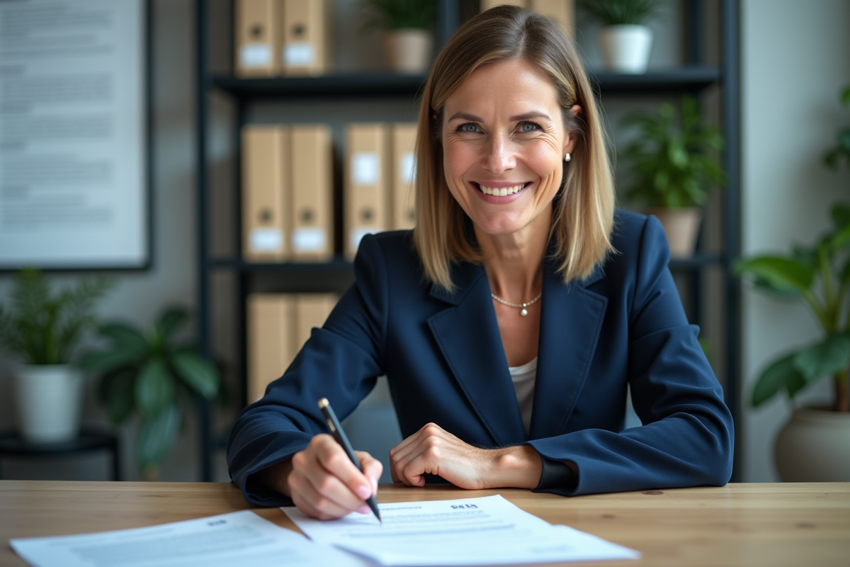 Femme d'affaires signant un contrat de donation dans un bureau moderne