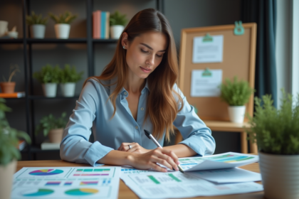 Femme en analyse de documents marketing dans un bureau organisé