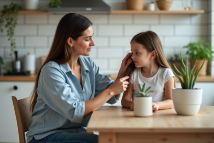 Femme appliquant un soin capillaire à sa fille dans la cuisine