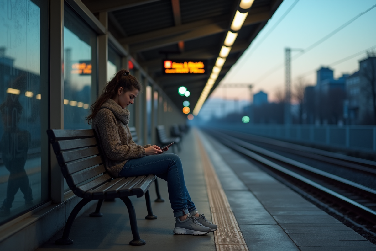 Jeune femme sur un quai de train en attente au crépuscule