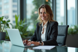 Femme confiante au bureau avec ordinateur portable