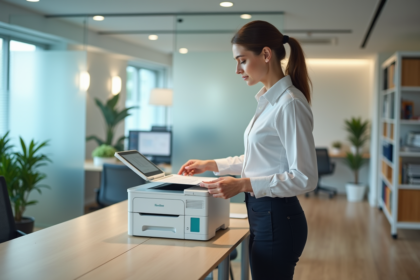 Femme professionnelle plaçant du papier dans une imprimante moderne