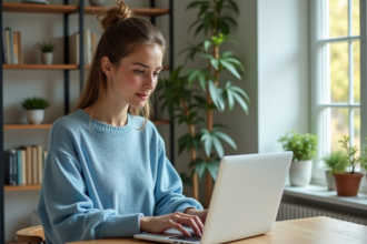 Jeune femme travaillant sur son ordinateur dans un bureau lumineux