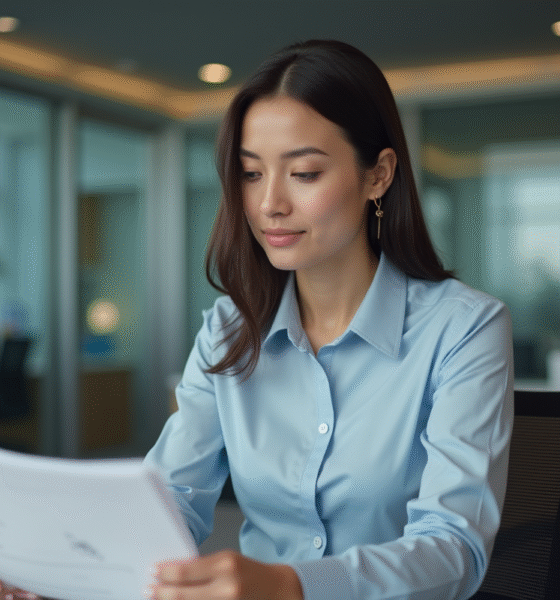 Femme professionnelle au bureau examine des documents